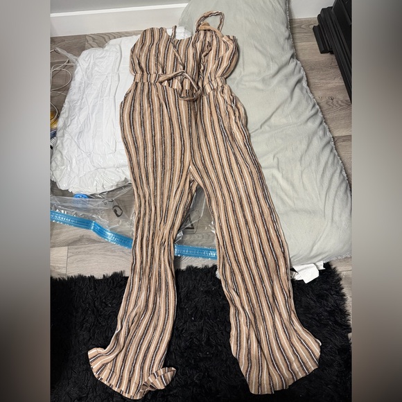 Derek Heart Pants - Derek Heart Beige and Black Striped Jumpsuit with pockets